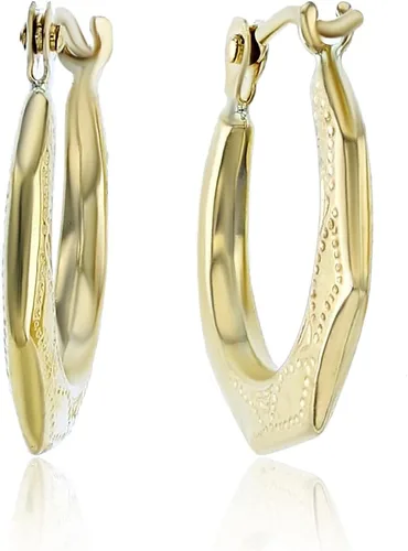 Vista 2 de Aretes de aro de oro amarillo macizo de 14 quilates con cierre de bisagra, bambú, texturizados, corte de diamante, hexagonal, cuadrado, redondo