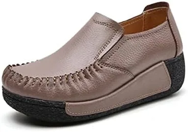 Vista 2 de Mocasines de cuero con plataforma para mujer, transpirables, antideslizantes, con buen arco, para enfermera, para caminar y caminar