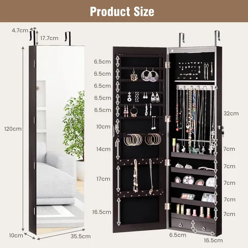 Vista 5 de HAPPYGRILL Armario de joyería montado en la puerta de pared, organizador de almacenamiento de joyas con cerradura con espejo de longitud completa, 2
