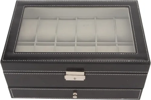 Vista 4 de JUOPZKENN Caja de almacenamiento de reloj de piel sintética con cerradura de 12 ranuras, color negro, 2 niveles, con tapa de cristal, soporte