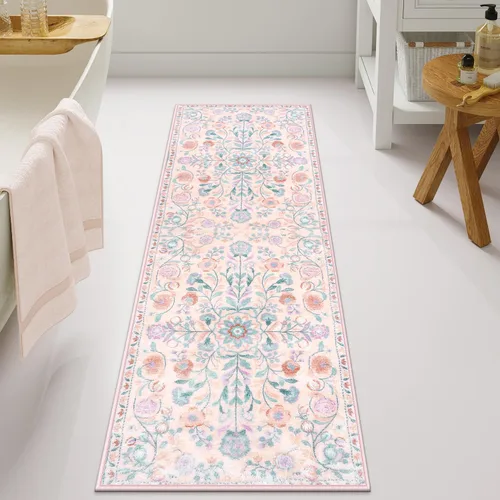 Vista 12 de Uphome Alfombra de baño bohemia con diseño floral beige, ultra suave, antideslizante, vintage, lavable a máquina, alfombra de baño floral para baño