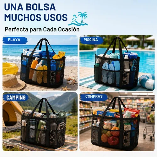 Vista 9 de SRISE Mesh Beach Bag - Large Beach Tote Bag for Family Beach Bag for Toys & Vacation Essentials Negro