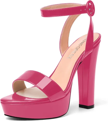 Vista 11 de SHOWFOREST Sandalias de tacón alto para mujer, con hebilla de plataforma y hebilla de charol y correa de tobillo de bloque sólido, 5 pulgadas Beige