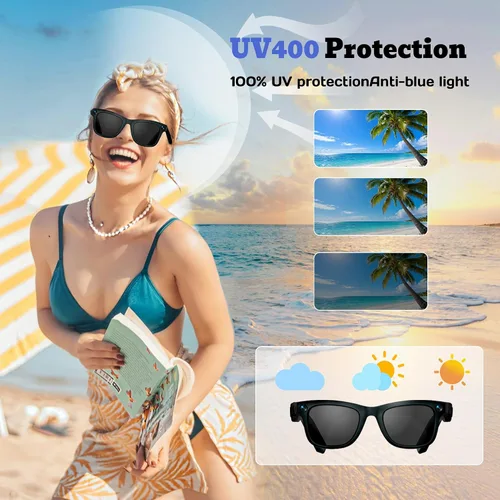 Vista 7 de Lentes inteligentes AI con asistente de voz, gafas de cámara HD de 8 MP, gafas de sol de grabación de video 1080P, reducción de ruido de chip