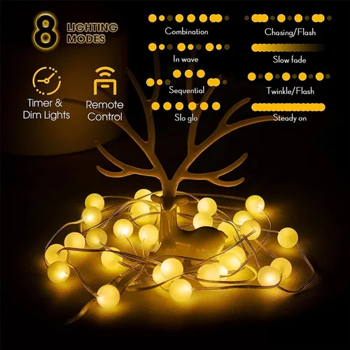 Vista 2 de Hiboom - Paquete de 1 tira de luces tipo globo de 10 pies, 30 LED, 8 modos de iluminación Battery Operated Fairy Lights with Remote Timer for