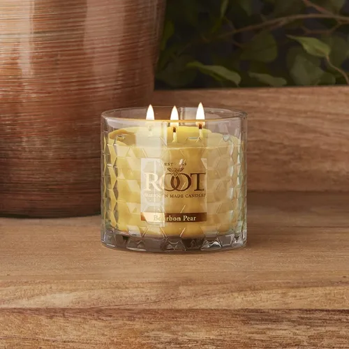 Vista 7 de Root Candles Velas Perfumadas de Otoño Vidrio Panal Premium 3 Mechas Vela Artesanal Mezcla de Cera de Abeja, 12 Onzas, Pera Bourbon