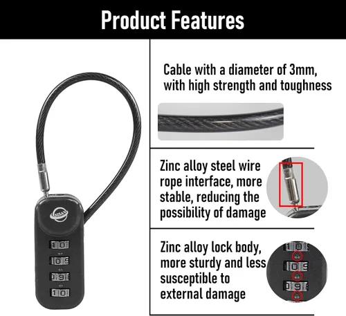 Vista 4 de Candado de combinación de 4 dígitos con cable de 4.7 pulgadas (4.7 in) adecuado para casilleros de gimnasio escolar, botes de basura, equipaje