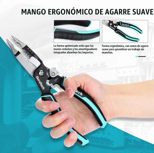 Vista 5 de DURATECH Pelacables 5 en 1, pelacables de 8 pulgadas y herramienta de prensado, construcción CR-V premium, alicates de punta de aguja, alicates