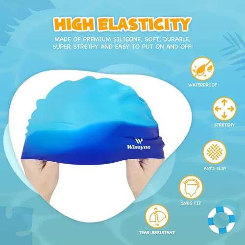 Vista 3 de 3 Pack Kids Swim Cap for Boys Girls, Unisex Silicone Swimming Caps for 3-15 Toddler Children Teen, Waterproof Bathing Caps for Short/Long Hair to