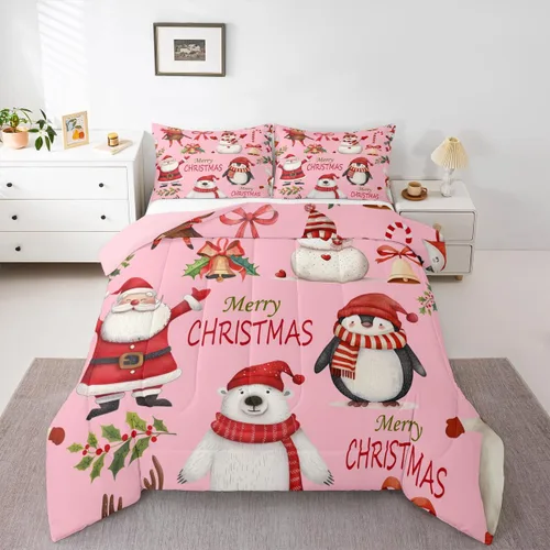 Vista 27 de Erosebridal Juego de edredón de Feliz Navidad, tamaño individual, divertido edredón de Papá Noel para niños y niñas, edredón de plumón de pingüino