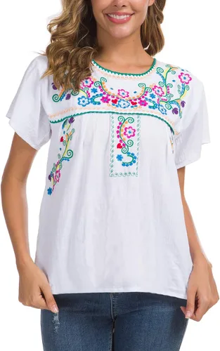 Vista 8 de YZXDORWJ - Blusa mexicana bordada para mujer - Camisa de verano manga corta