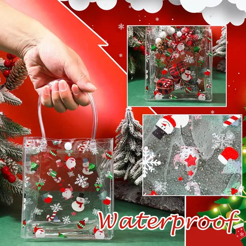 Vista 3 de Silkfly 50 bolsas de regalo transparentes de Navidad con asa, de plástico, reutilizables, de PVC, para compras, bodas, fiestas de cumpleaños
