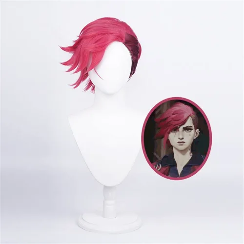 Vista 2 de SKYBEAUTY Vi - Pelucas de cosplay para League of Legends, pelucas cortas y esponjosas de color rojo con punta para hombres, peluca de fiesta