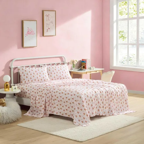 Vista 36 de Betsey Johnson - Juego de sábanas de tamaño individual, ropa de cama de microfibra con estampado Nerdy Teddies con sábana bajera de bolsillo