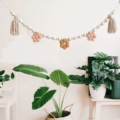 Vista 4 de 1 guirnalda de borlas bohemias con cuentas de madera, guirnalda de borlas de madera de margaritas para decoración de pared de granja, aula