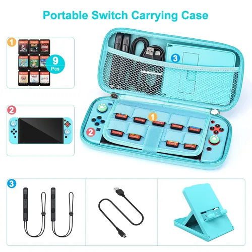 Vista 2 de Younik Switch Accessories Bundle, 15 in 1 Blue Switch (NOT OLEDLite) Accessories Kit for Girls Include Switch Carrying Case, Adjustable Stand