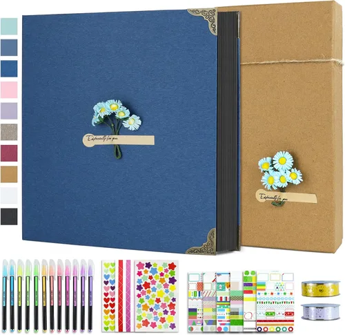 Vista 14 de Vienrose Kit de álbum de fotos de bricolaje con bolígrafos, cintas y calcomanías, 60 páginas, tapa dura de 8.5 x 11 pulgadas, 3 anillos, papel negro