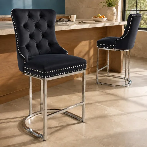 Vista 10 de Juego de 2 taburetes de bar de terciopelo beige con respaldo alto 1 beige.