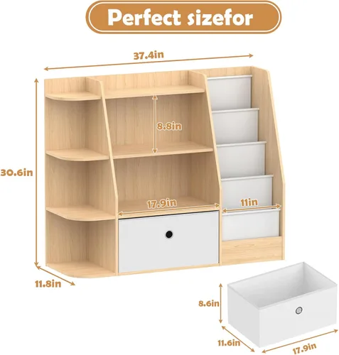 Vista 2 de Estantería para niños y almacenamiento de juguetes, estante de madera de 4 niveles para libros, estantería grande para niños con cajones, estantería