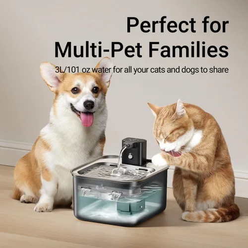 Vista 8 de DownyPaws Fuente de agua para gatos de acero inoxidable inalámbrica, fuente de agua inalámbrica FurSink de 101 oz/3 L para gatos, fuentes para gatos