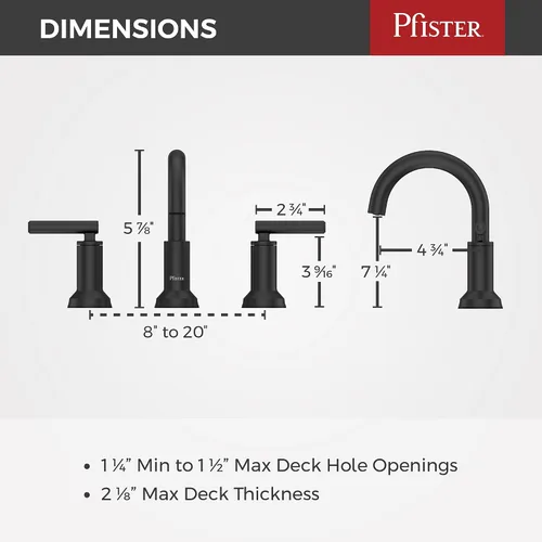 Vista 10 de Grifo para lavabo de baño Pfister Capistrano, 8 pulgadas de separación amplia, 2 manijas, 3 orificios, certificado NSF, acabado negro mate Spot Spot