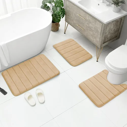 Vista 6 de BYSURE Juego de 3 tapetes de baño de espuma viscoelástica color beige, antideslizantes, extra suaves, absorbentes, lavables a máquina y secos