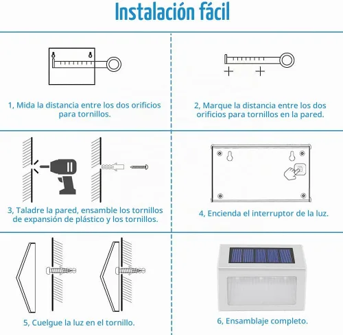 Vista 7 de Paquete de 6 luces solares para escalera, jardín, caminos. Luces LED de acero inoxidable para exterior. Blanco frío