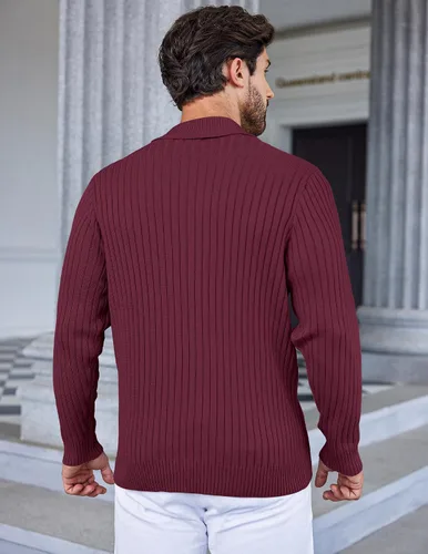 Vista 4 de COOFANDY Suéter de punto con cuello de chal para hombre, casual, ajustado, con botones