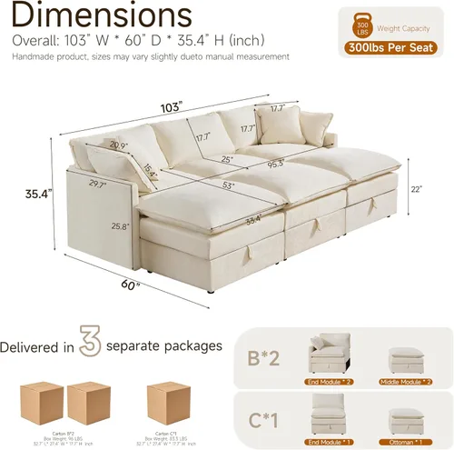 Vista 2 de Sofá modular con almacenamiento, sofá cama de 103 pulgadas, sofá cama seccional, sofá nube de gran tamaño con otomana móvil, sofá moderno de 6