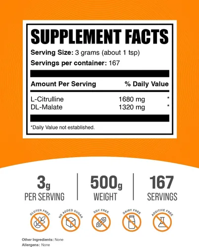 Vista 2 de BulkSupplements. com L-citrulina malato 1:1 polvo - citrulina en polvo, suplemento de aminoácidos - sin sabor y sin gluten - 0.11 oz por porción