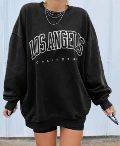 Vista 4 de Langwyqu - Sudadera de gran tamaño para mujer, de Los Ángeles, California, cuello redondo, de manga larga, casual, suelta, para mujer