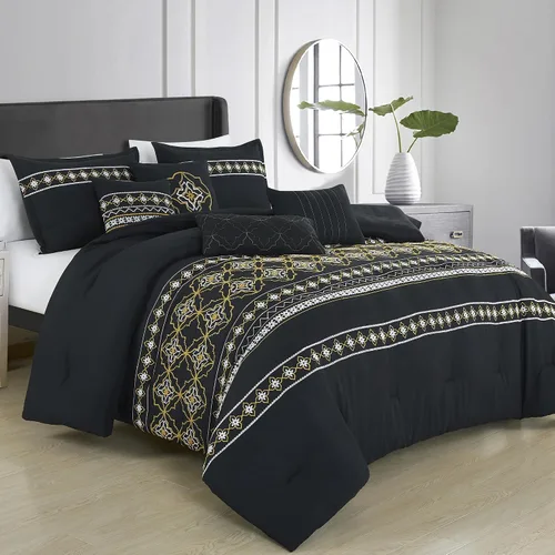 Vista 10 de ESCA Juego de edredón Hypatia beige de 7 piezas, tamaño Queen, bordado, estilo bohemio, ropa de cama floral