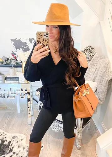 Vista 3 de KIRUNDO - Suéter de punto acanalado para mujer, cuello en V, para otoño 2020, jersey de punto con lazo