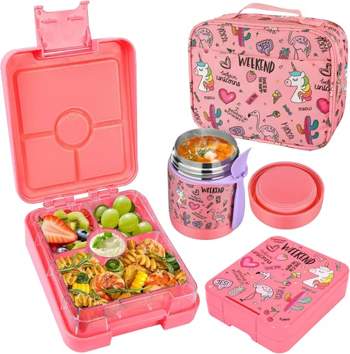 Vista 8 de Pawtong Set de Loncheras Bento con Termo para Sopa de 10oz, loncheras a prueba de fugas con 4 compartimentos, termo para alimentos calientes
