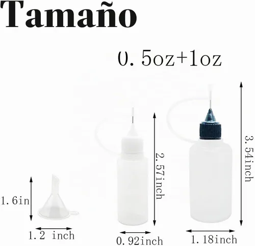 Vista 2 de 12 botellas aplicadoras de punta de precisión, 6 piezas de 1 onza y 6 botellas de pegamento translúcido de 0.5 onzas, con 2 mini embudo, tapas