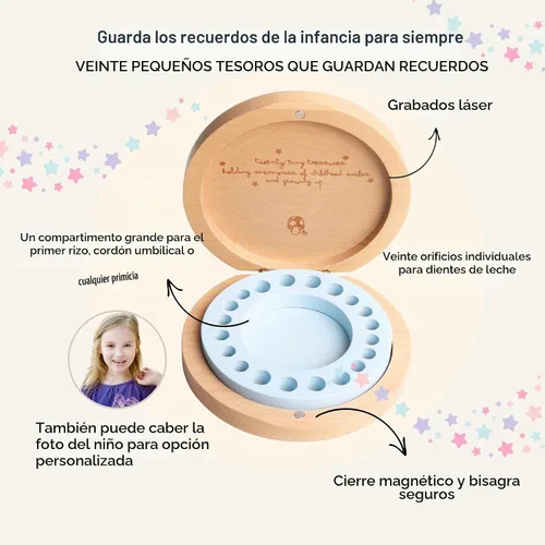 Vista 5 de Caja de recuerdo de dientes de bebé – Soporte de madera de haya y cápsula de memoria para primer diente, rizo y cordón umbilical – Registro de Azul