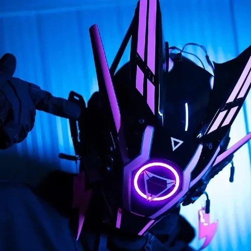 Vista 2 de YYINYUAN Máscara punk LED para disfraz de cosplay, casco genial para Halloween, fiesta, festival de música, máscara negra Techwear de cara completa