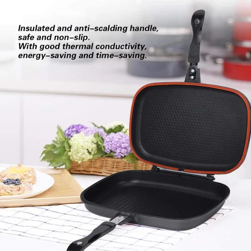 Vista 2 de Sartén de doble cara, sartén portátil antiadherente para panqueques, tortilla, mango antiquemaduras, sartén cuadrada Omlette, sartén abatible
