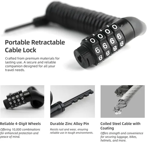 Vista 2 de Pequeño Combo Cable de bloqueo de bicicleta, cerradura de cable de combinación retráctil con código, para equipaje seguro de viaje, maleta, scooter