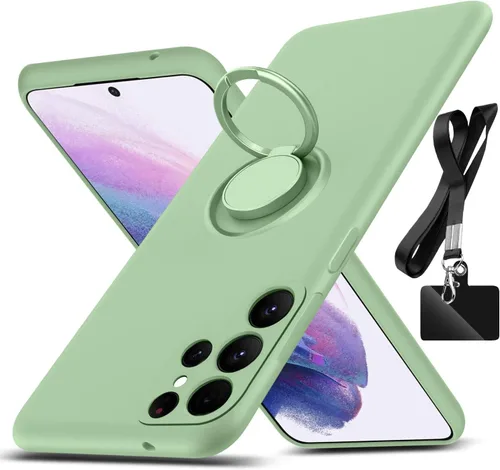 Vista 10 de Funda para Galaxy S22 Ultra, con soporte de anillo giratorio de 360° y cordón de correa de silicona líquida delgada funda protectora para Galaxy S22