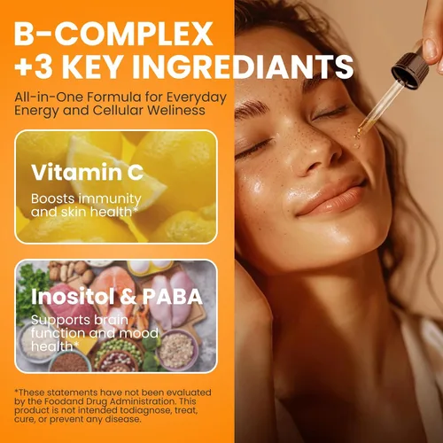 Vista 6 de Methylated B Complex Liquid Drop, vitaminas del complejo B líquido para mujeres, con metil B12, metilfolato, B1, B3, B5, B6, B7, C, Omega-3