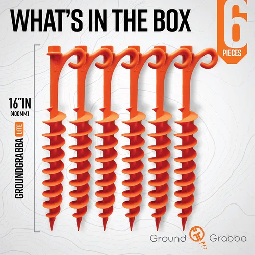 Vista 7 de GROUNDGRABBA Lite - Estacas naranjas para tienda de campaña, estacas para arena, anclajes de tierra atornillados para un máximo agarre y longevidad