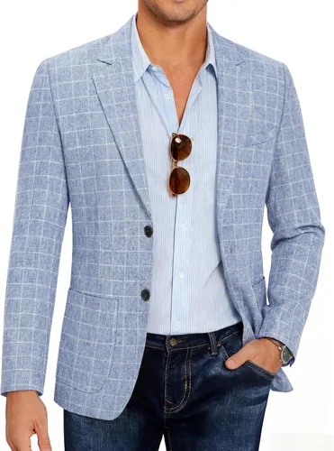 Vista 17 de COOFANDY Mens Blazer Casual Slim Fit Sport Coats Lightweight Sport Jacket Linen Textured Blazer, Two Button Suit Jacket, Patch Pockets, Plaid B