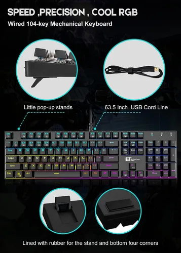 Vista 7 de Mechanical Gaming KeyboardWired 104 Keys RGB Keyboard with Blue Switch Programmable RGB Backlit for Windows Gaming PC