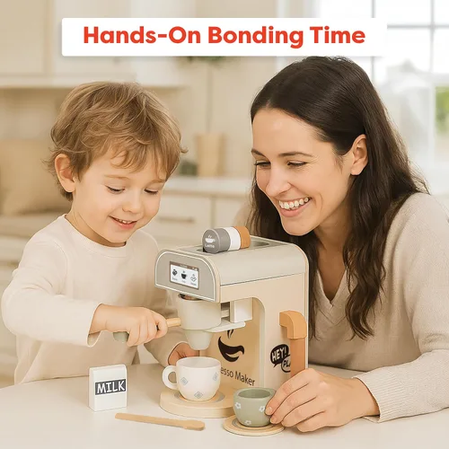 Vista 7 de Hey Play - Cafetera de juguete de madera para niños, 11 piezas, juego de cocina para niños con máquina de café expreso, accesorios de cocina
