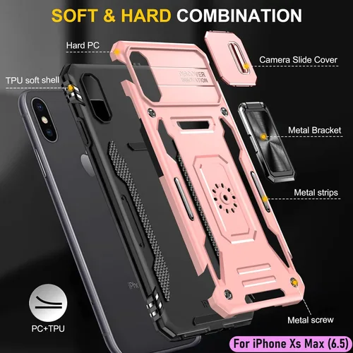 Vista 3 de Funda resistente para Apple iPhone Xs Max, protector híbrido de goma de doble capa de grado militar con protector de cámara deslizante, soporte Oro