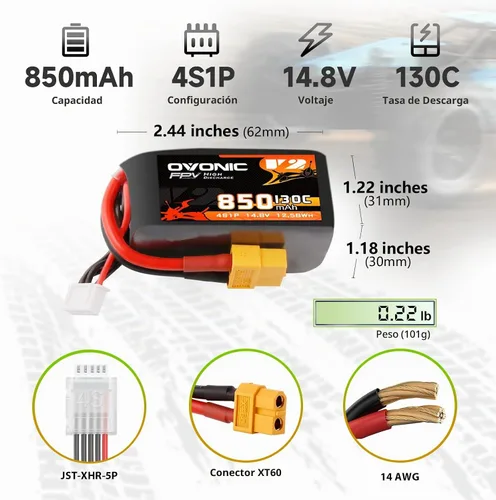 Vista 2 de OVONIC 130C 4S 850mah Lipo Batería 14.8V Pack con XT60 Plug para FPV Racing