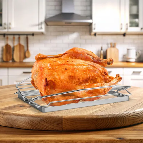 Vista 7 de Estante ajustable para asado de pavos para parrilla o ahumador, estante de asado de alambre para aves de corral, estante para hornear para pavo