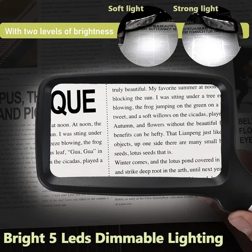 Vista 3 de Lupa de mano plegable con luz YUGYUJ, lupa iluminada de 3 aumentos con gran rectángulo y LED regulable para degeneración macular, lectura
