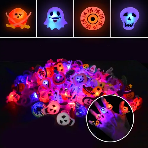 Vista 7 de Anillos iluminados para fiestas de Halloween, 50 unidades, anillos LED brillantes, juguetes divertidos para niños y adultos, Plástico